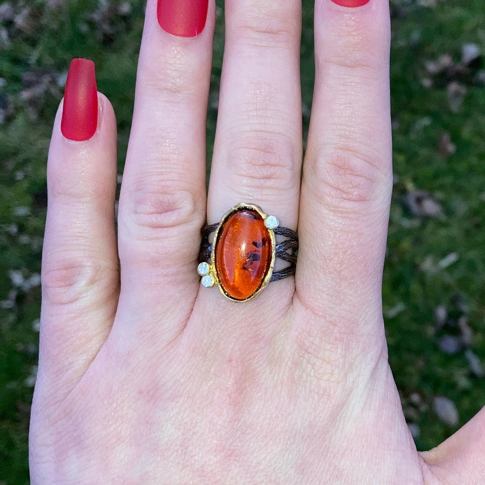 Natural Oval Amber Gemstone Ring Sz 7.75 Silver with Black Rhodium Gold - Picture 4 of 8